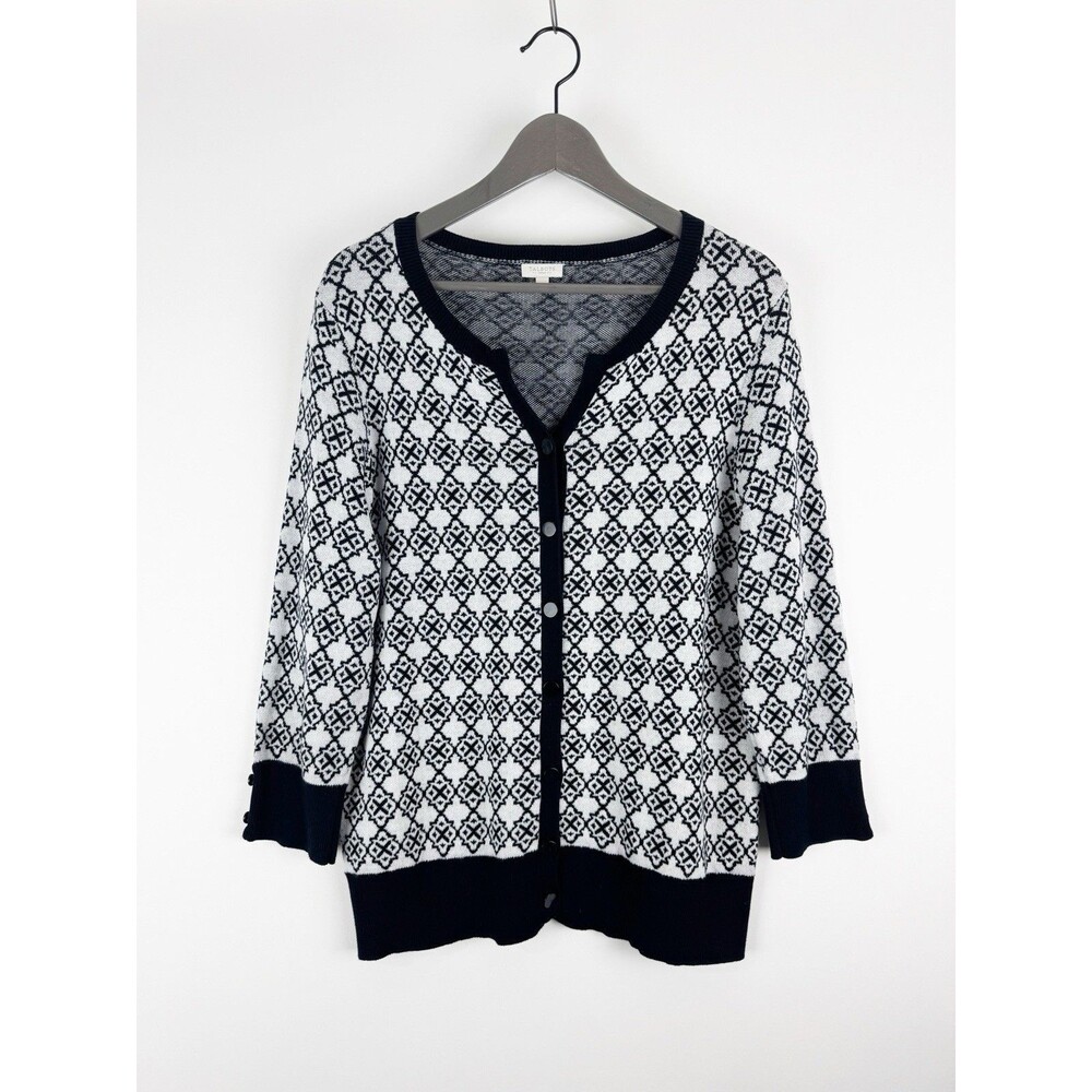 Talbots Women's Black White Abstract Print Button Front 3/4 Sleeve Cardigan